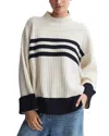 Reiss Cream/navy Ribbed Wool Funnel Neck Jumper In White