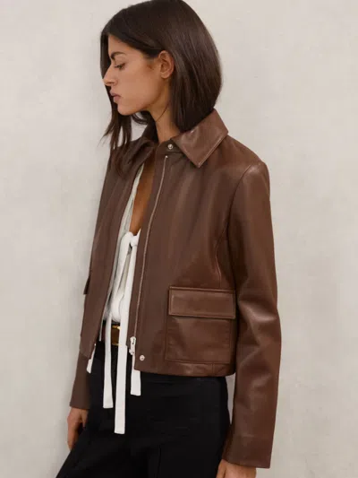 Reiss Mocha Brown Collared Leather Jacket