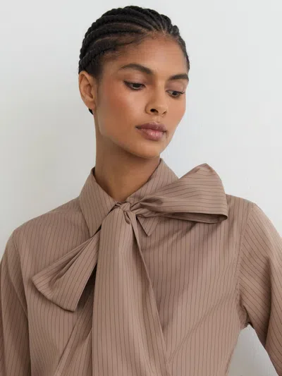 Reiss Mocha Brown Cotton Striped Tie-neck Shirt