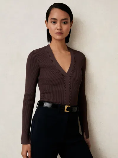 REISS MOCHA BROWN CRAFT STITCH RIB KNIT TOP