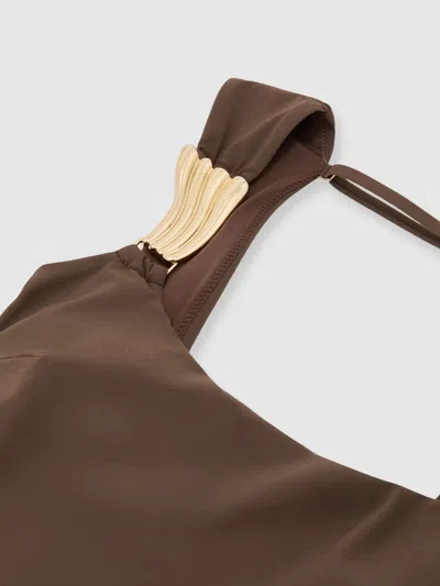 Reiss Mocha Brown Hardware-detail Square-neck Swimsuit In Multi