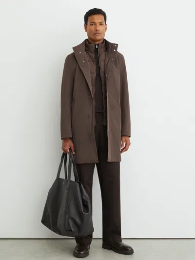 Reiss Mocha Brown Hybrid Gilet-insert Overcoat With Detachable Hood