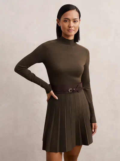 Reiss Mocha Brown Knitted Belted Skater Mini Dress