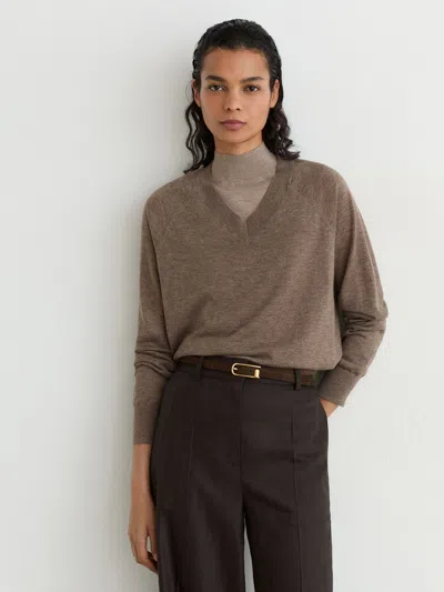 Reiss Mocha Brown Merino Wool V-neck Jumper