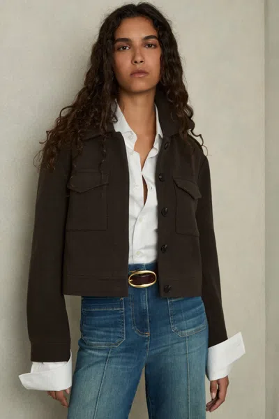 Reiss Mocha Brown Nova Wool-blend Cropped Jacket