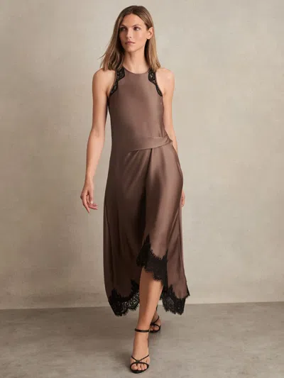 Reiss Mocha Brown Petite Satin Drape Lace-trim Dress