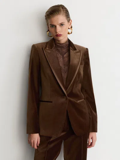 Reiss Mocha Brown Petite Velvet Satin-trim Single-breasted Suit Blazer