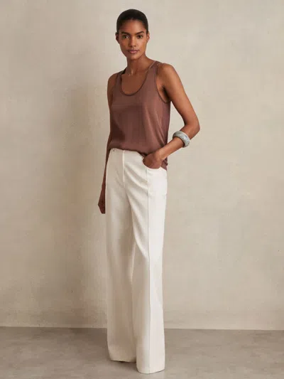 REISS MOCHA BROWN SILK-FRONT CAMI TOP