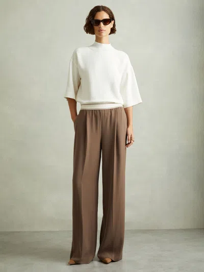 Reiss Mocha Brown Wide Leg Elasticated Trousers In White