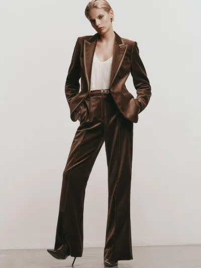 Reiss Mocha Brown Wren Velvet Flared Tuxedo Trousers In Blue
