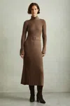Reiss Mocha Ribbed Roll Neck Belted Midi Dress In Mocha