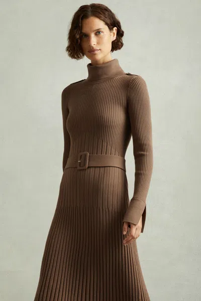 Reiss Khaki Ribbed Bodycon Midi Dress