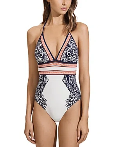 Reiss Monica Scarf Print One Piece Swimsuit In Navy/red