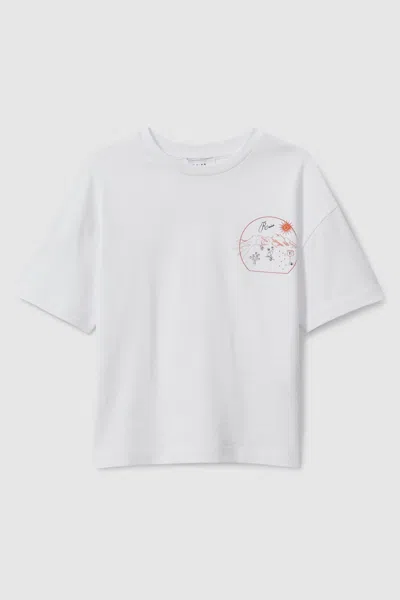 Reiss Kids' Monte - Optic White/orange Cotton Crew Neck Motif T-shirt, Uk 13-14 Yrs