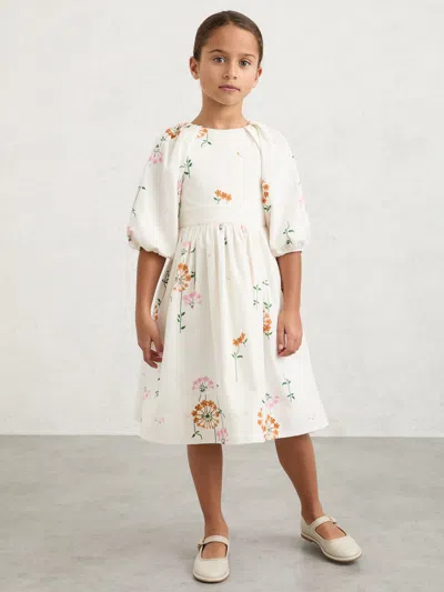 Reiss Kids' Multi Print 3-9 Yrs Floral-print Tie-back Midi Dress In White