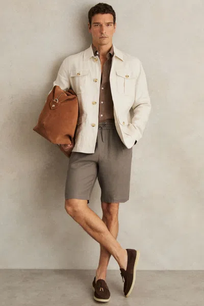 Reiss Mushroom Brown Barges Linen Drawstring Shorts