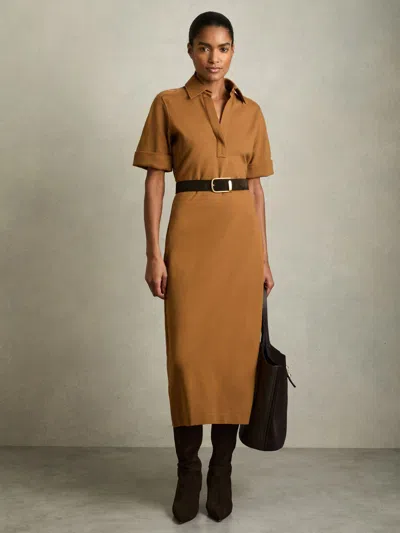 Reiss Mustard Jersey Open-collar Bodycon Dress In Neutral