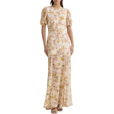 Reiss Naia Metallic Floral Print Back Cutout Maxi Dress In White