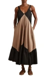 Reiss Brown/black Natalie Cotton Colourblock Flounced Midi Dress In Black/ Brown