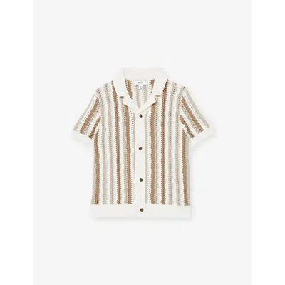 Reiss Kids' Crochet-stripe Short-sleeve Cotton Shirt 3-13 In Natural