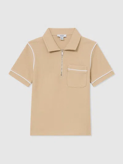 Reiss Kids' Natural Cotton Textured-knit Half-zip Polo Shirt In Brown