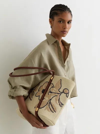 Reiss Natural Raffia-effect Embroidered Tote Bag In Multi