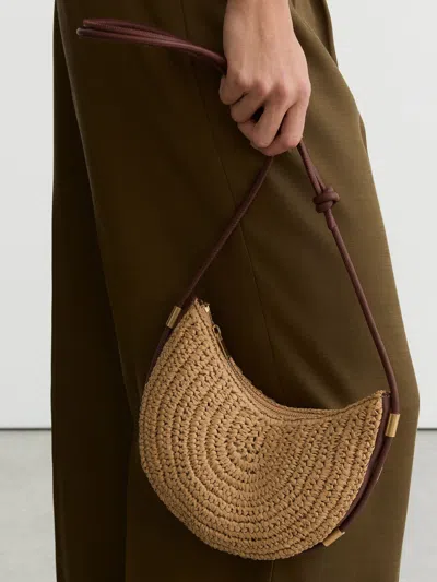 Reiss Natural Raffia-effect Half-moon Shoulder Bag In Brown