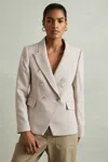 Reiss Natural Wool Blend Checked Double Breasted Blazer In Natural