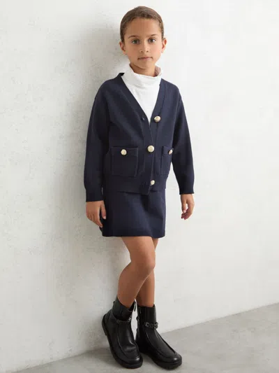 Reiss Navy Mila 9-13 Yrs Knitted Embossed-button Cardigan In Blue