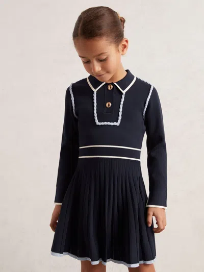 Reiss Navy 13-14 Yrs Piped Knitted Skater Dress In Blue