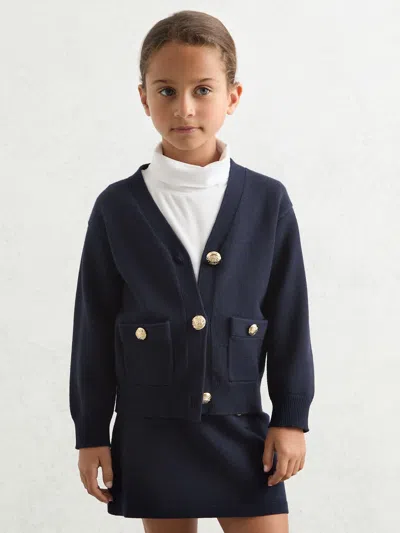 REISS REISS NAVY MILA 9-13 YRS KNITTED EMBOSSED-BUTTON CARDIGAN