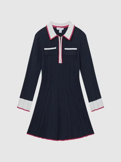 Reiss Navy 9-13 Yrs Ribbed Colourblock Mini Dress In Blue