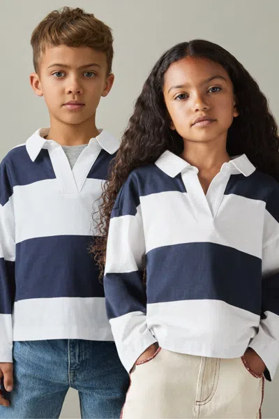Reiss Kids'  Navy Abigail 4-9 Yrs Oversized Cotton Striped Open-collar Rugby Top