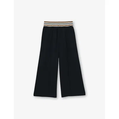 Reiss Kids' Navy Abs Stripe-waistband Wide-leg Woven Trousers 4 In Black