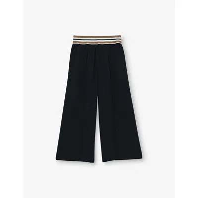 Reiss Kids' Navy Abs Stripe-waistband Wide-leg Woven Trousers 9-13 In Black