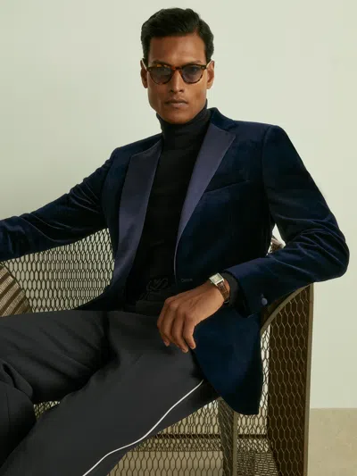 Reiss Navy Ace Velvet Single Breasted Slim Fit Jacket In Blue