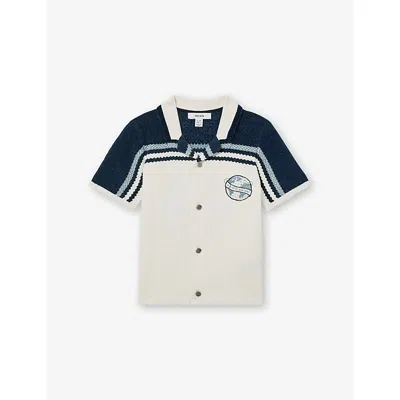 REISS NAVY AIRFORCE BLUE WHITE MITCHELL LOGO-EMBROIDERED CUBAN-COLLAR CHENILLE SHIRT 9-13