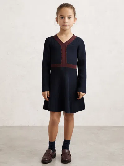 Reiss Kids' Navy Craft-stitch Rib-knit Dress In Blue