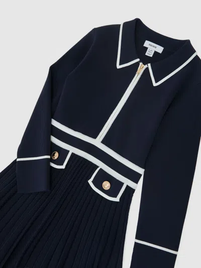 Reiss Navy Anne 13-14 Yrs Pleated Tipped Knit Dress In Blue