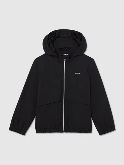 Reiss Kids'  Navy Ash 13-14 Yrs Zip-through Hooded Logo Jacket In Black