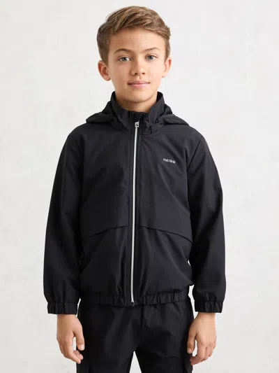 Reiss Navy Zip-through Hooded Logo Jacket In Black