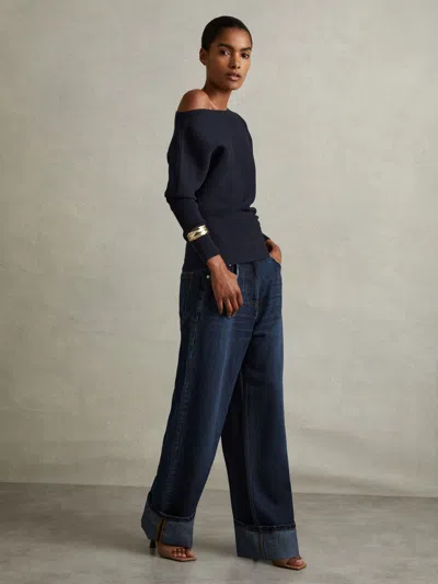 Reiss Navy Asymmetric Draped Knitted Jumper In Black
