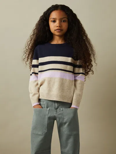 Reiss Navy 9-13 Yrs Wool Blend Striped Crew Neck Jumper