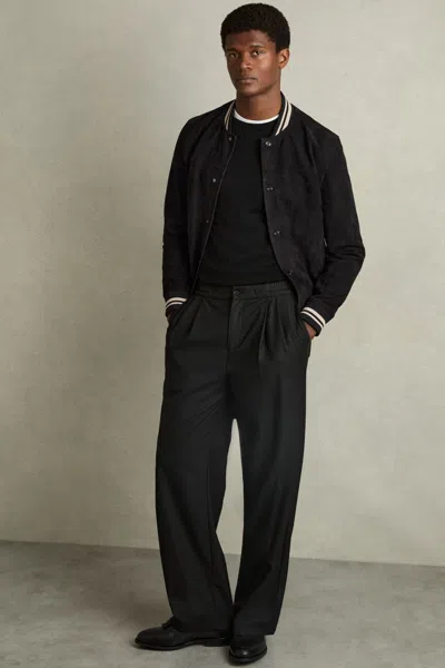 Reiss Navy Suede Stripe-trim Bomber Jacket In Navy