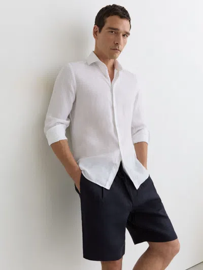 Reiss Navy Barges Linen Drawstring Shorts In White