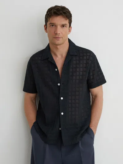 Reiss Navy Belardo Cotton-blend Crochet Tile-pattern Shirt In Black