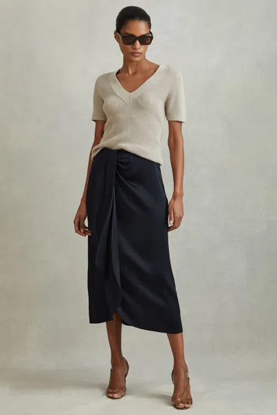 Reiss Navy High Rise Wrap Midi Skirt
