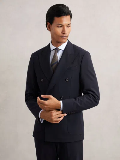 Reiss Navy Belmont Double-breasted Textured Suit Blazer Slim-fit With Wool In Blue