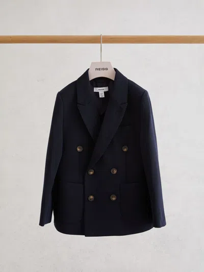 Reiss Navy Belmont J 9-13 Yrs Double-breasted Textured Blazer With Wool In Blue