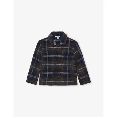 Reiss Kids' Navy Blue Brown Sam Button-down Checked Wool-blend Overshirt 9-13 In Multi